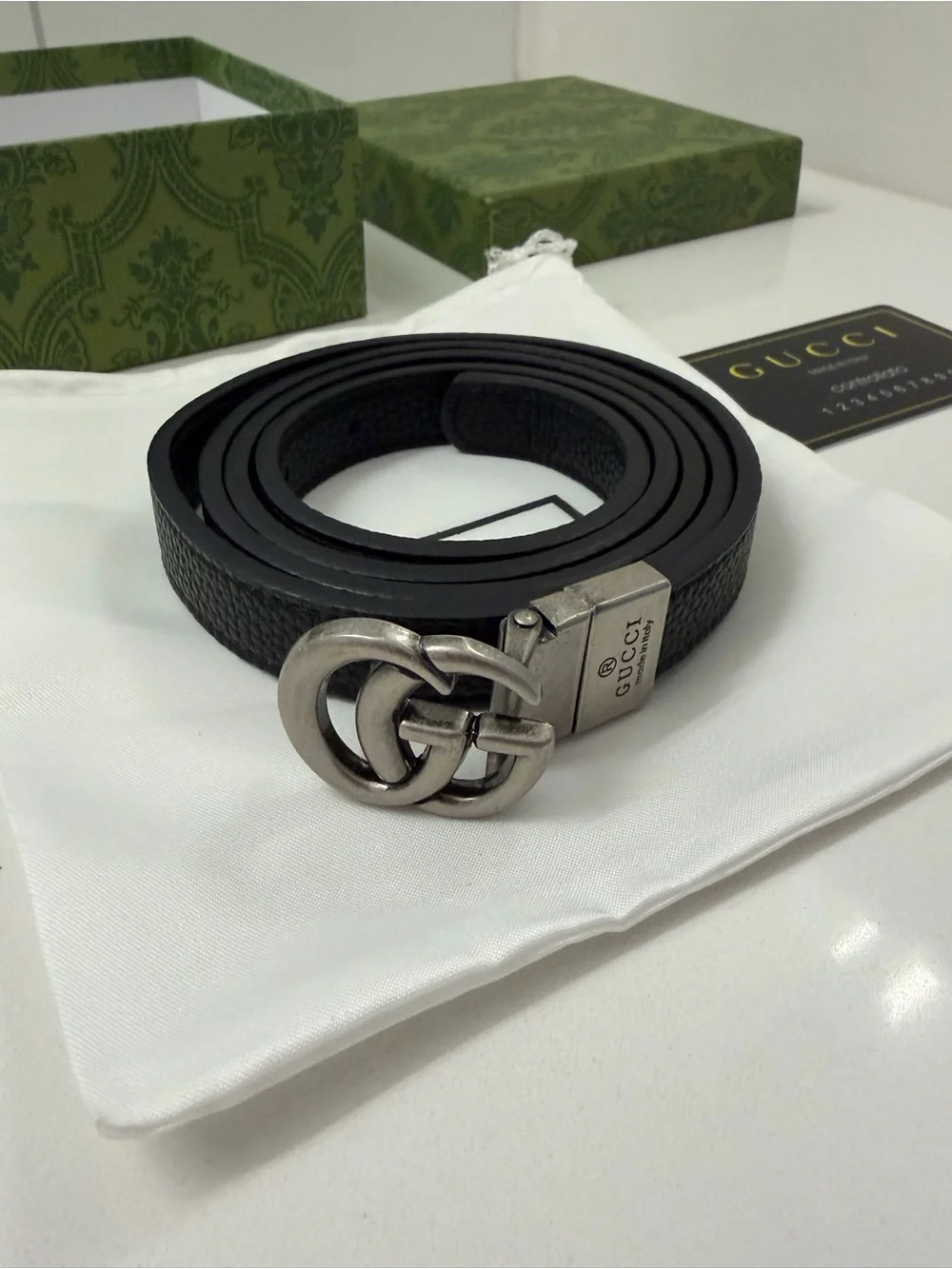 Gucci Black Leather Interlocking G Belt with Silver Hardware